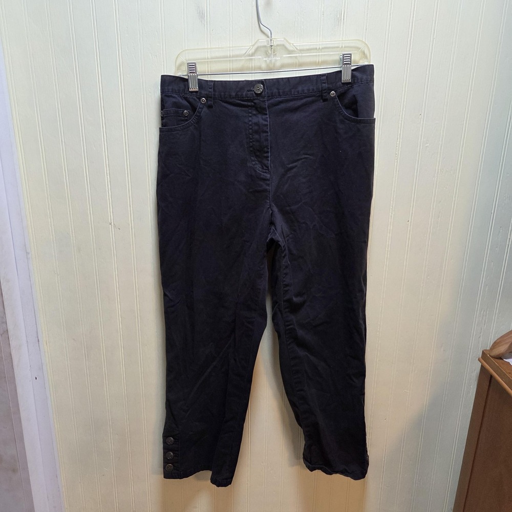 Lark Lane Capri Pants Womens 12 Black Twill Zip Elastic Waist Buttons Pockets